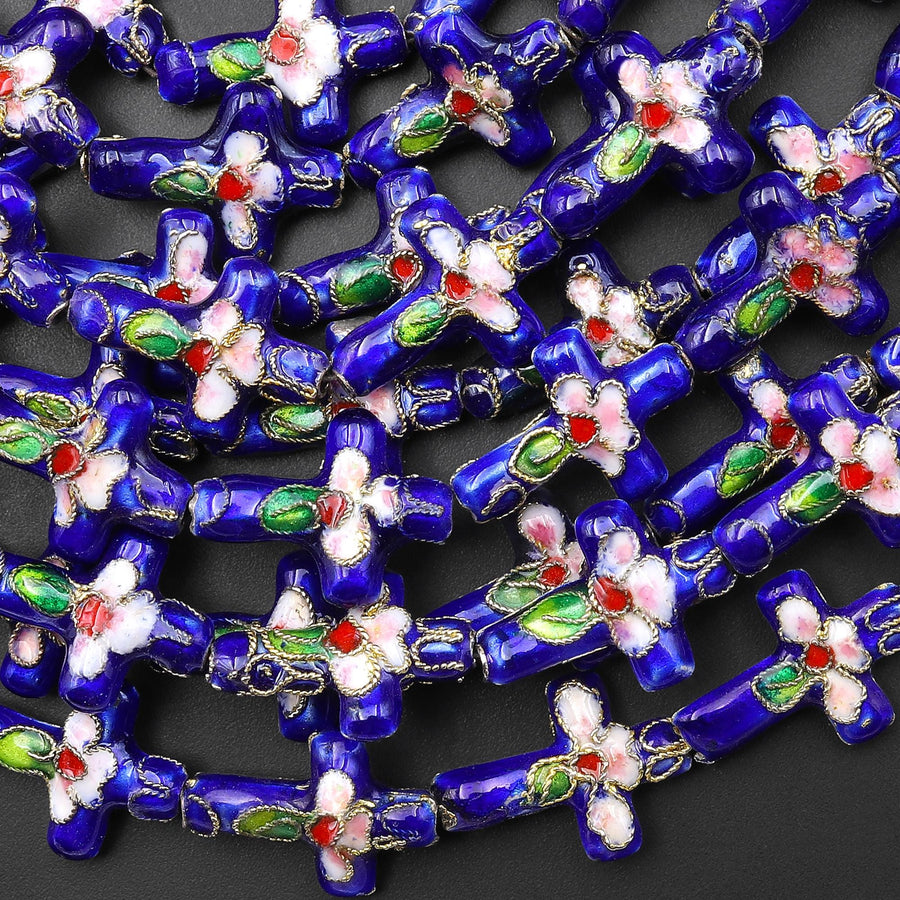 Royal Blue Pink Green Cloisonné Cross Bead 12x18mm Decorative Floral 15.5" Strand