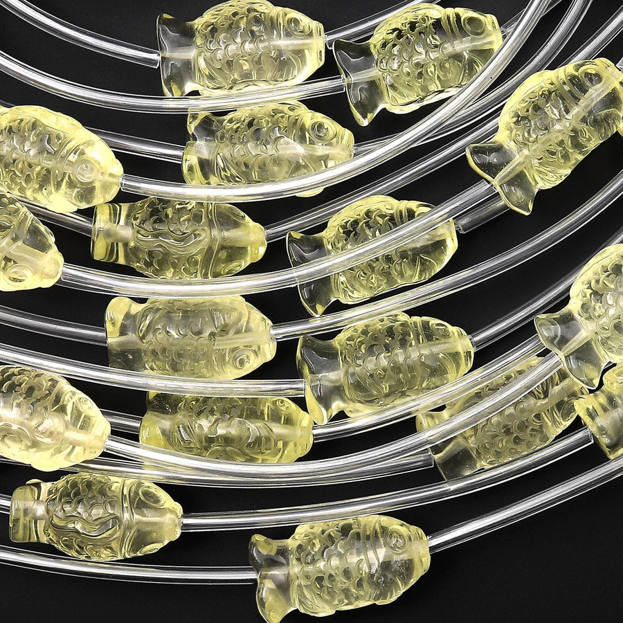 AAA Natural Lemon Quartz Crystal Hand Carved Gemstone Koi Fish Beads 20mm