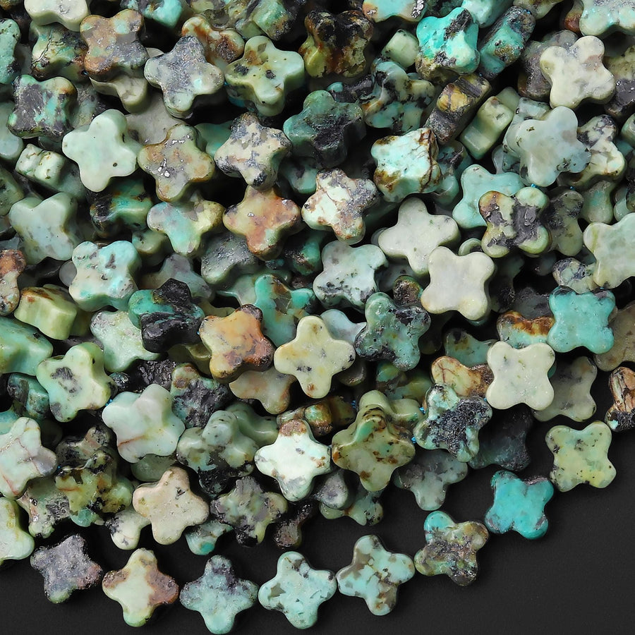 Lucky 4 Four Leaf Clover Faceted Beads Natural African Turquoise Carved 8mm Gemstone 15.5" Strand