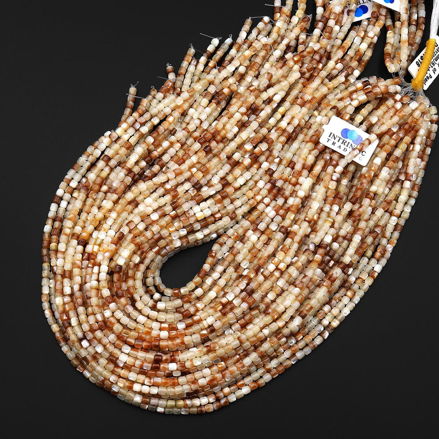 Natural Soft Golden Caramel Mother of Pearl Shell Small Cylinder Rounded Drum Tube Beads 3mm 15.5" Strand