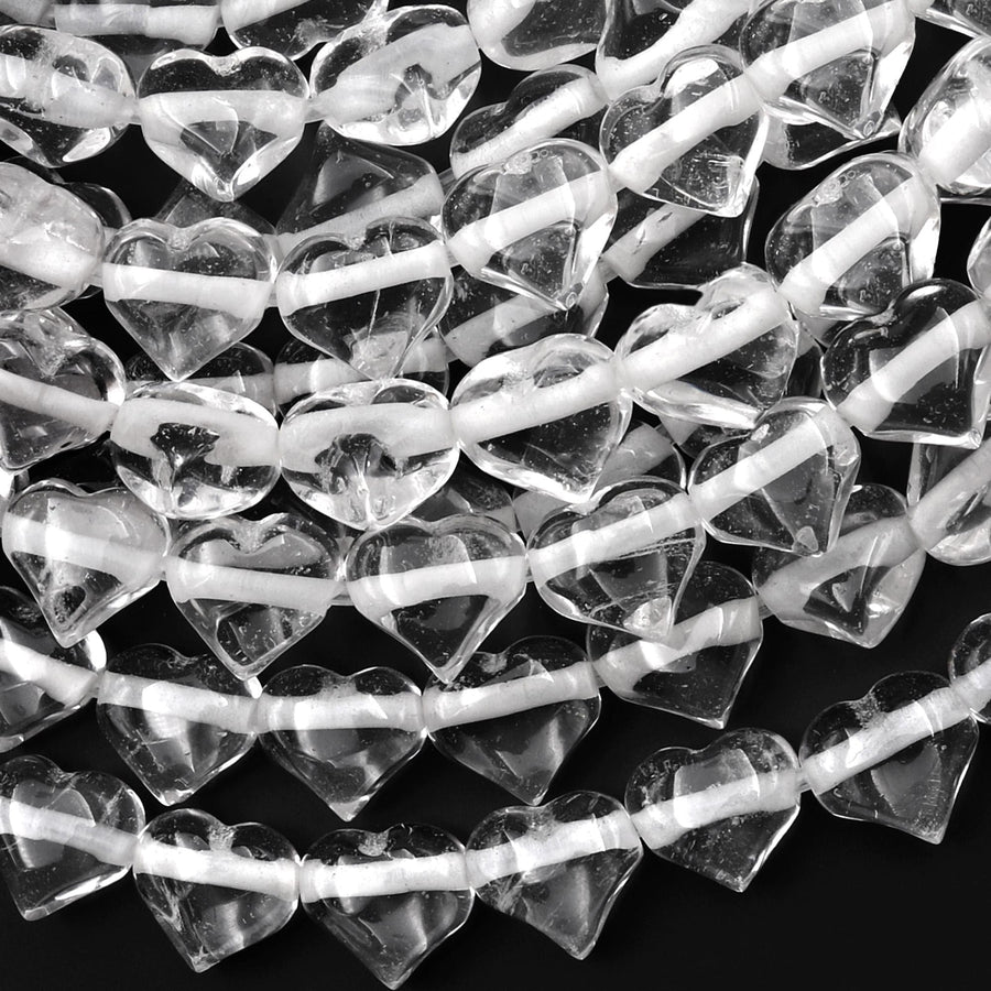 Natural Rock Crystal Quartz Beads Gemstone Puffy Heart Horizontally Drilled 10mm 12mm 14mm 7.5" Strand