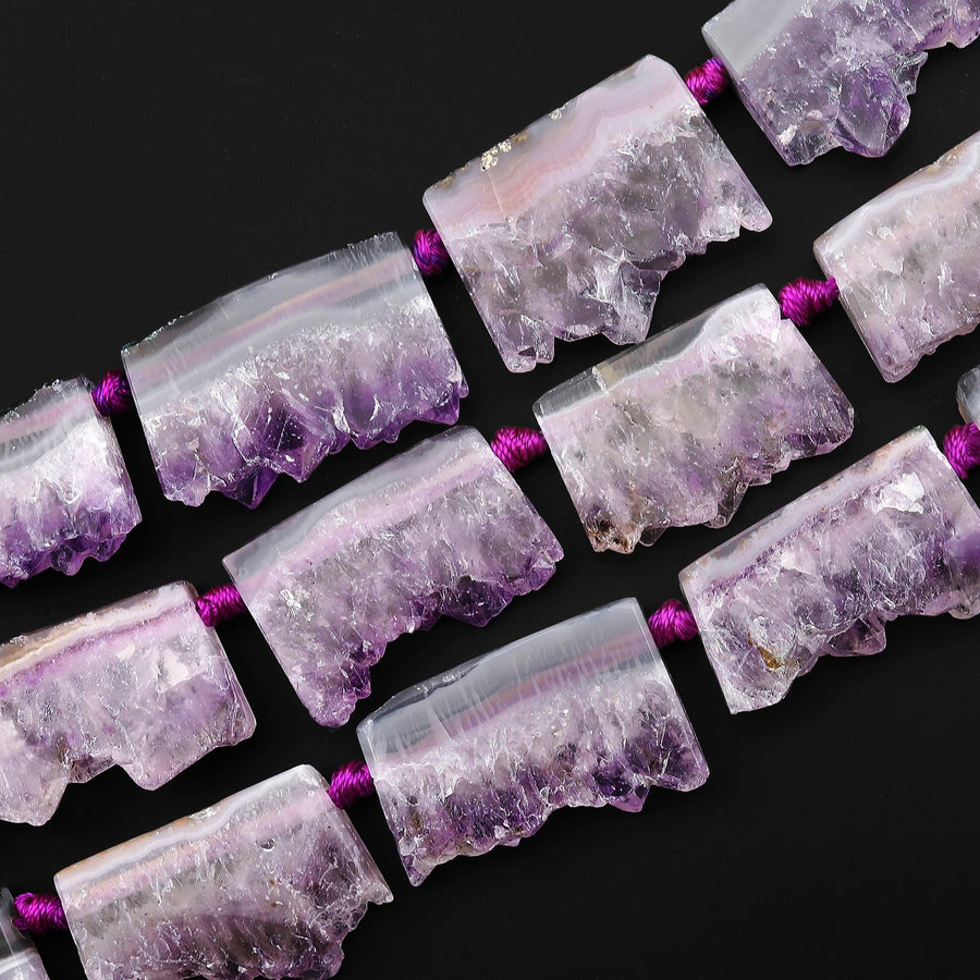 Natural Purple Amethyst Stalactite Slice Pendant Beads Side Drilled Rectangle Gemstone 15.5" Strand B1709
