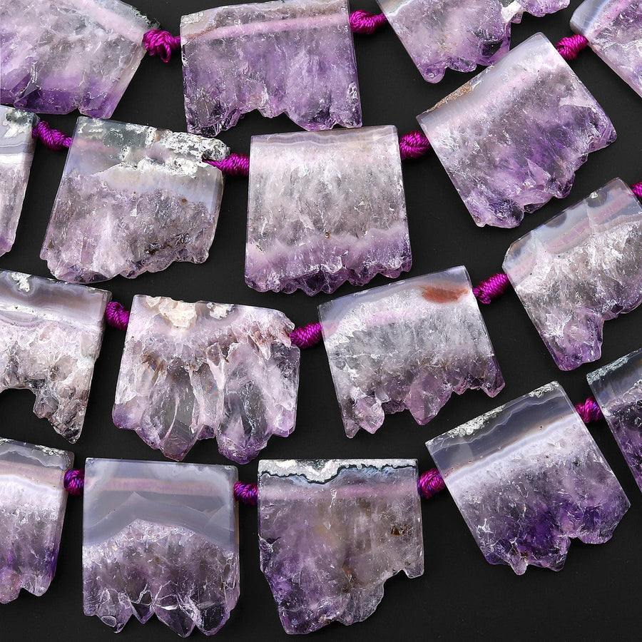 Natural Purple Amethyst Stalactite Slice Pendant Beads Side Drilled Rectangle Gemstone 15.5" Strand B1712