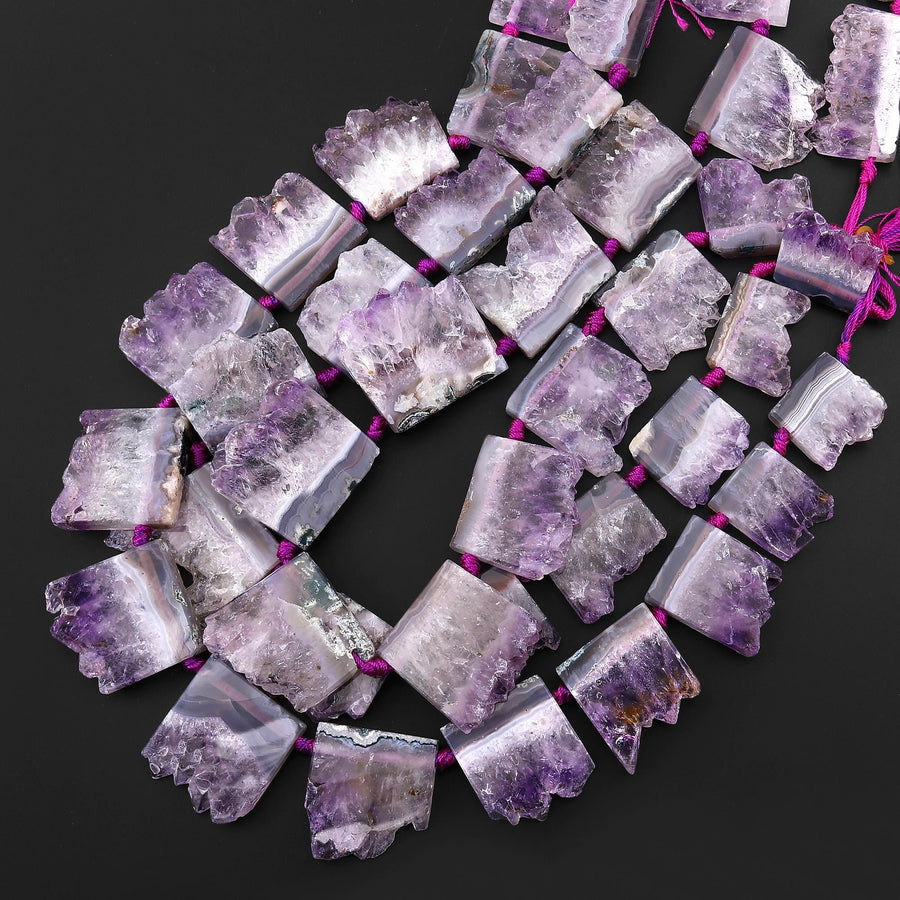 Natural Purple Amethyst Stalactite Slice Pendant Beads Side Drilled Rectangle Gemstone 15.5" Strand B1712