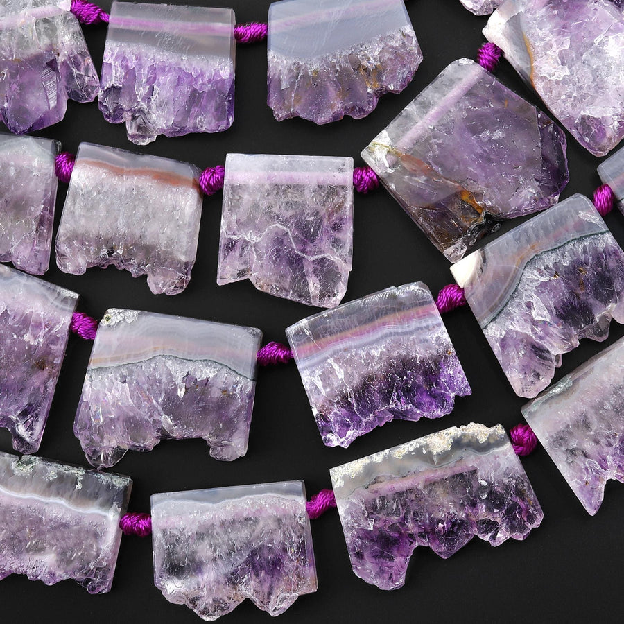 Natural Purple Amethyst Stalactite Slice Pendant Beads Side Drilled Rectangle Gemstone 15.5" Strand B1711