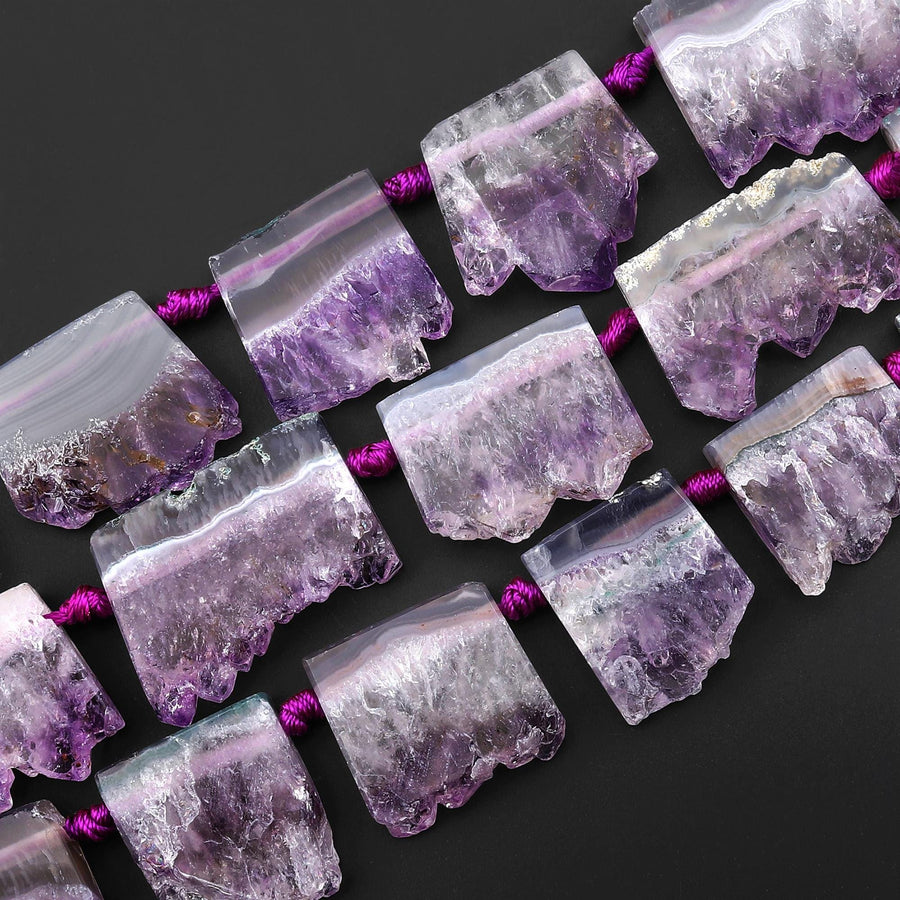 Natural Purple Amethyst Stalactite Slice Pendant Beads Side Drilled Rectangle Gemstone 15.5" Strand B1711