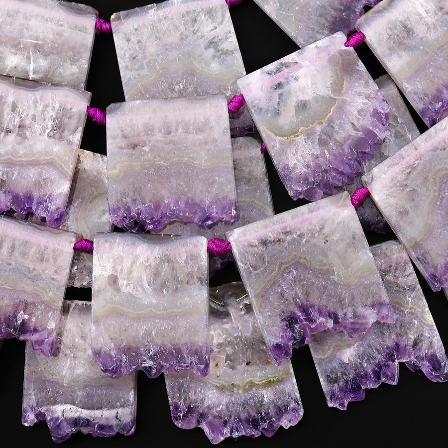 Natural Purple Amethyst Stalactite Slice Pendant Beads Side Drilled Rectangle Gemstone 15.5" Strand B1710