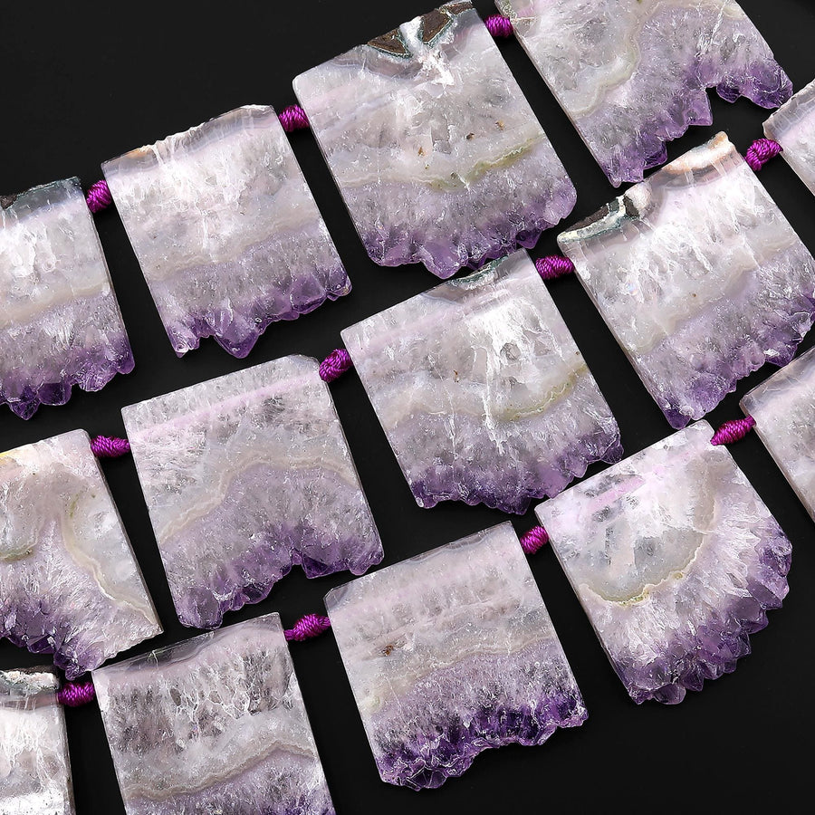 Natural Purple Amethyst Stalactite Slice Pendant Beads Side Drilled Rectangle Gemstone 15.5" Strand B1710