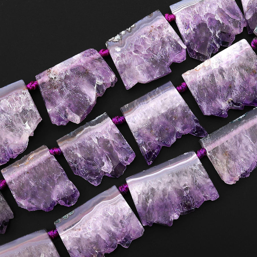 Natural Purple Amethyst Stalactite Slice Pendant Beads Side Drilled Rectangle Gemstone 15.5" Strand B1708
