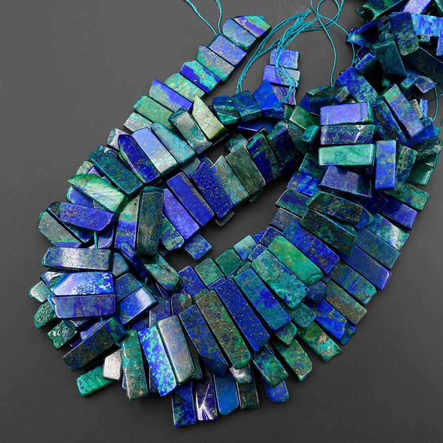 Blue Green Chrysocolla Azurite Looking Lapis Beads Cleopatra Style Freeform Rectangle 15.5" Strand