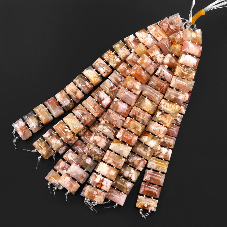 AAA Double Drilled Natural Soft Peach Pink Cherry Blossom Agate Aka Flower Agate 20x10mm Rectangle Title Bracelet Beads 8" Strand