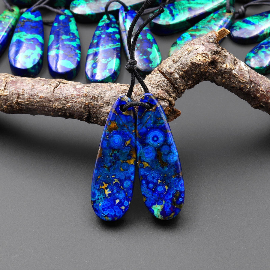 Drilled Natural Azurite Chrysocolla Teardrop Earring Pair Matched Gemstone Stone Beads A8