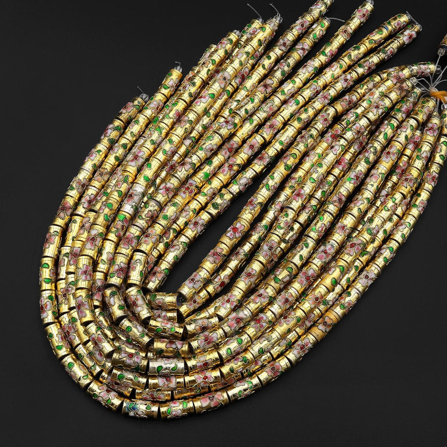 Cloisonné Cylinder Tube Beads Decorative Gold Pink Green Floral Enamel 15.5" Strand
