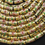 Cloisonné Cylinder Tube Beads Decorative Gold Pink Green Floral Enamel 15.5" Strand