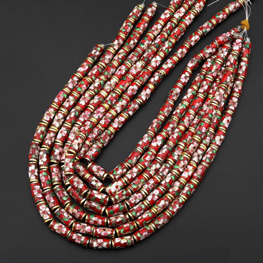 Cloisonné Cylinder Tube Beads Decorative Red Gold Pink Green Floral Enamel 15.5" Strand