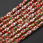 Cloisonné Cylinder Tube Beads Decorative Red Gold Pink Green Floral Enamel 15.5" Strand