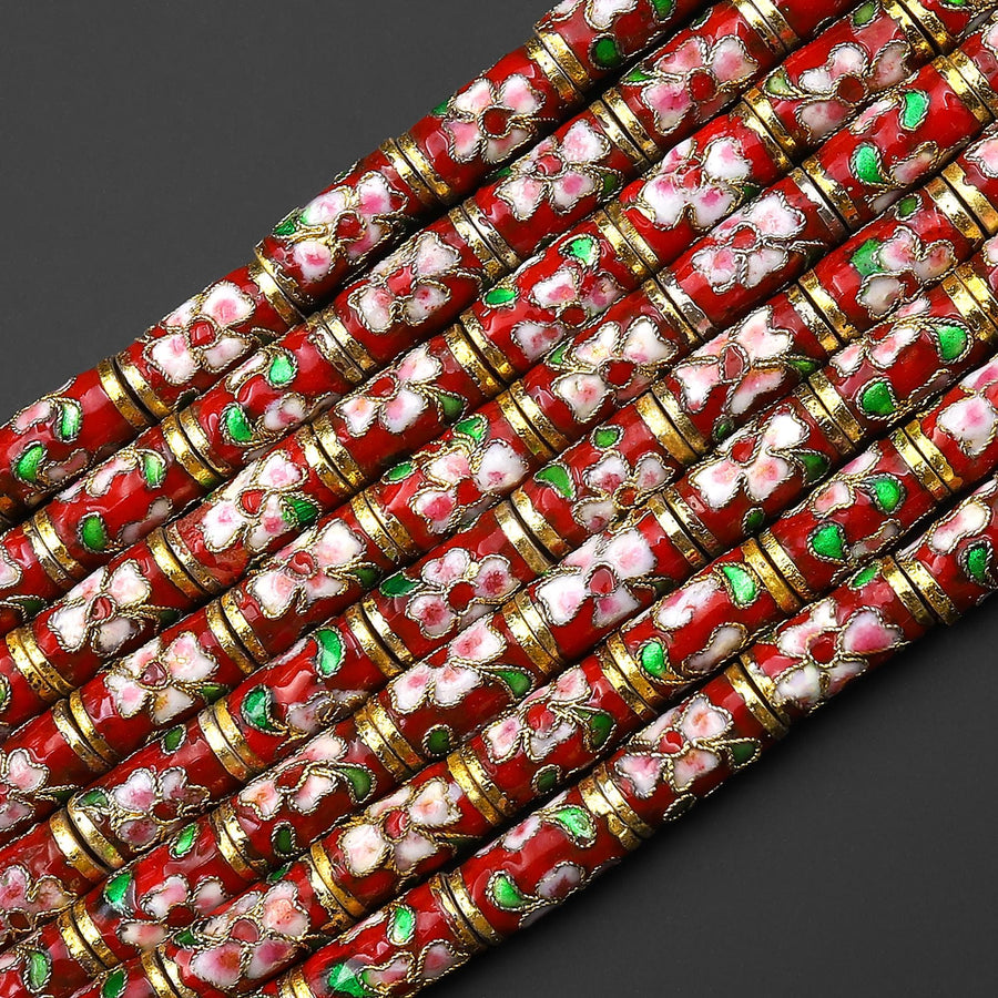 Cloisonné Cylinder Tube Beads Decorative Red Gold Pink Green Floral Enamel 15.5" Strand
