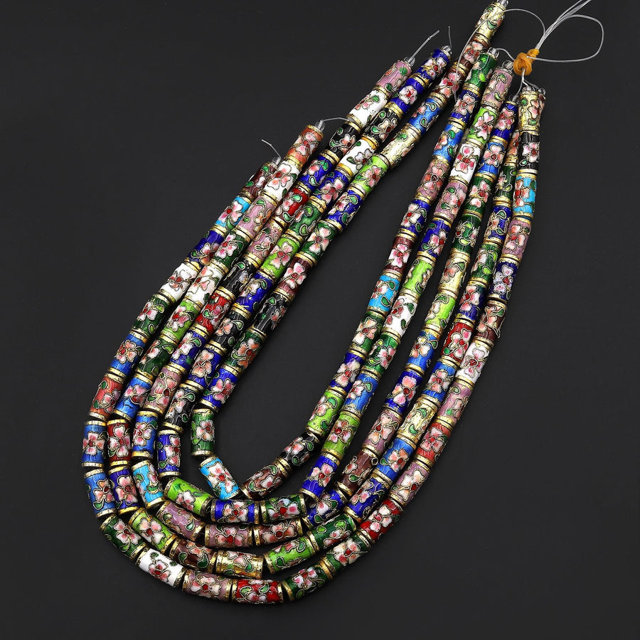 Multicolor Cloisonné Cylinder Tube Beads Decorative Gold Pink Green Blue Floral Enamel 15.5" Strand