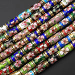 Multicolor Cloisonné Cylinder Tube Beads Decorative Gold Pink Green Blue Floral Enamel 15.5" Strand