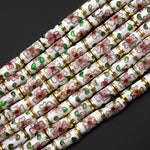 Cloisonné Cylinder Tube Beads Decorative White Gold Pink Green Floral Enamel 15.5" Strand