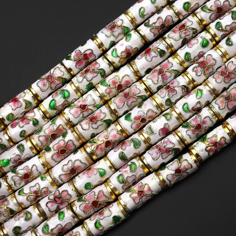 Cloisonné Cylinder Tube Beads Decorative White Gold Pink Green Floral Enamel 15.5" Strand