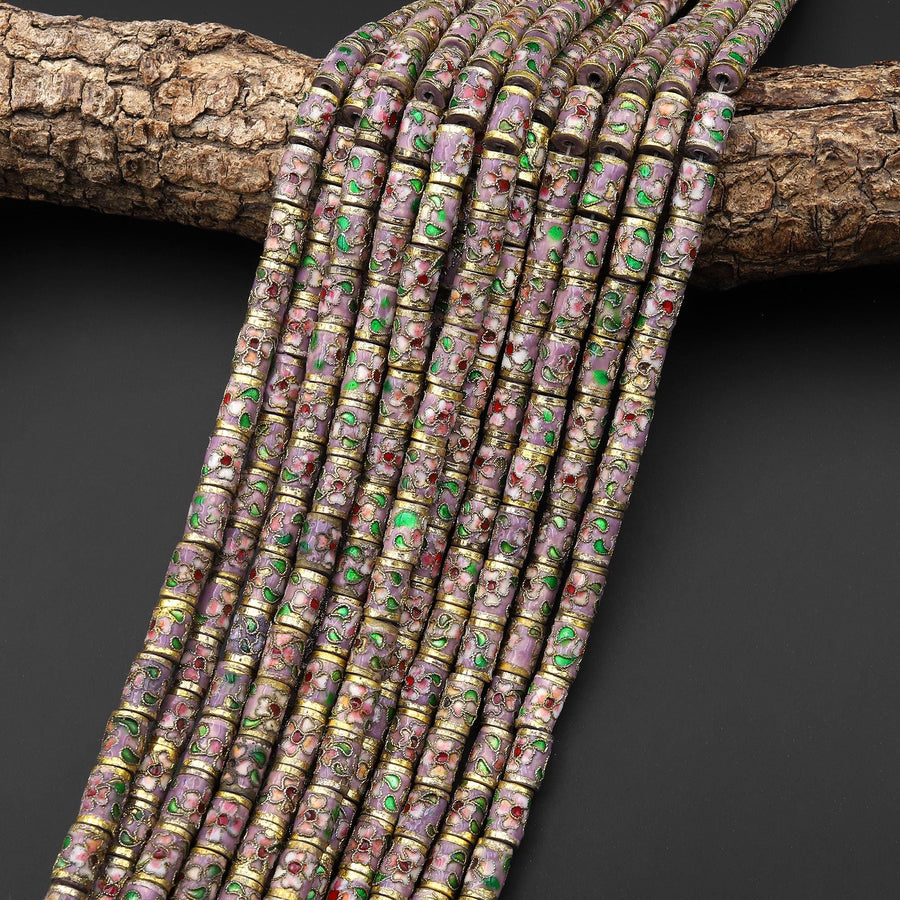 Cloisonné Cylinder Tube Beads Decorative Purple Red Gold Pink Green Floral Enamel 7x10mm 15.5" Strand