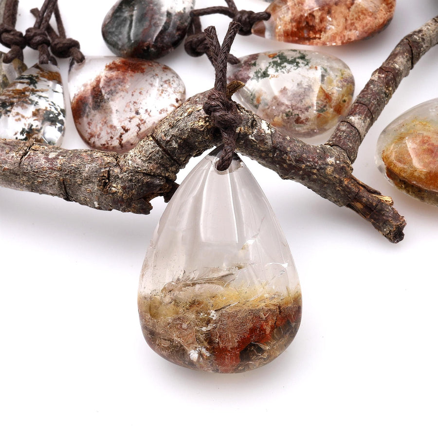AAA Natural Lodalite Phantom Quartz Teardrop Pendant Drilled Gemstone Focal Bead A2