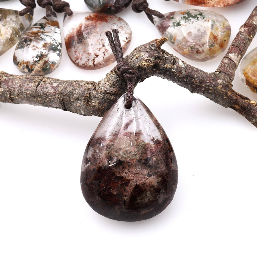 AAA Natural Lodalite Phantom Quartz Teardrop Pendant Drilled Gemstone Focal Bead A4