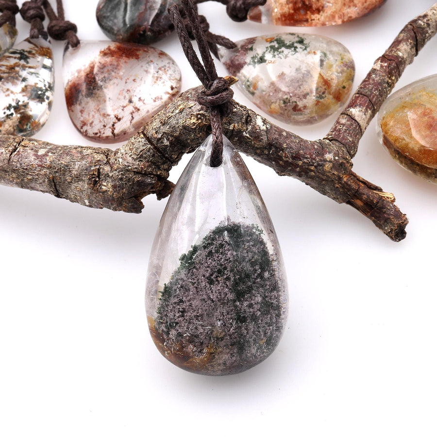 AAA Natural Lodalite Phantom Quartz Teardrop Pendant Drilled Gemstone Focal Bead A5