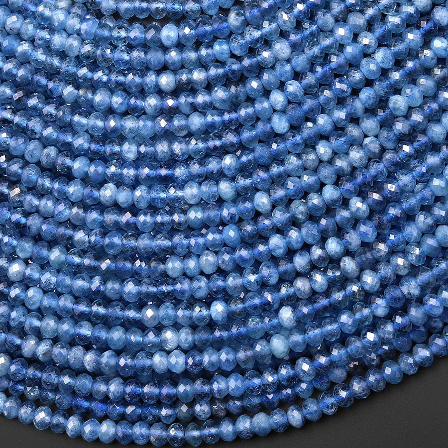 AAA Translucent Faceted Natural Stormy Blue Santa Maria Aquamarine Rondelle Beads 4mm Gemstone 15.5" Strand b4947