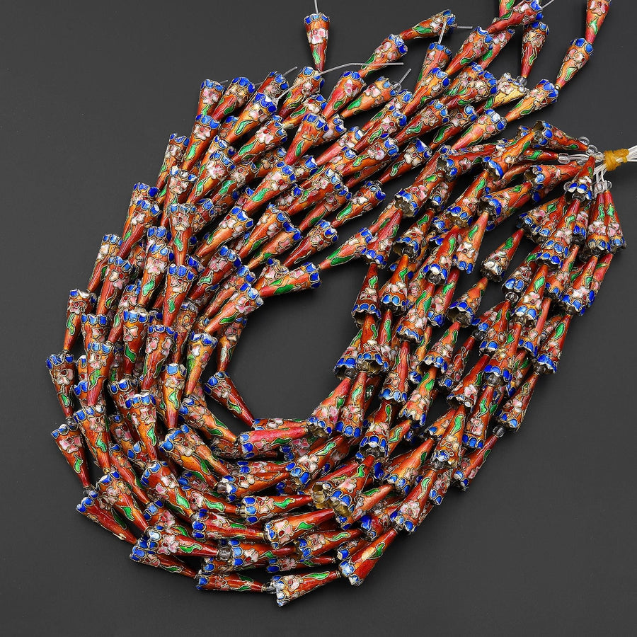 Golden Orange Blue Pink Green Cloisonné Cone Cap Bead 9x22mm Decorative Floral 15.5" Strand