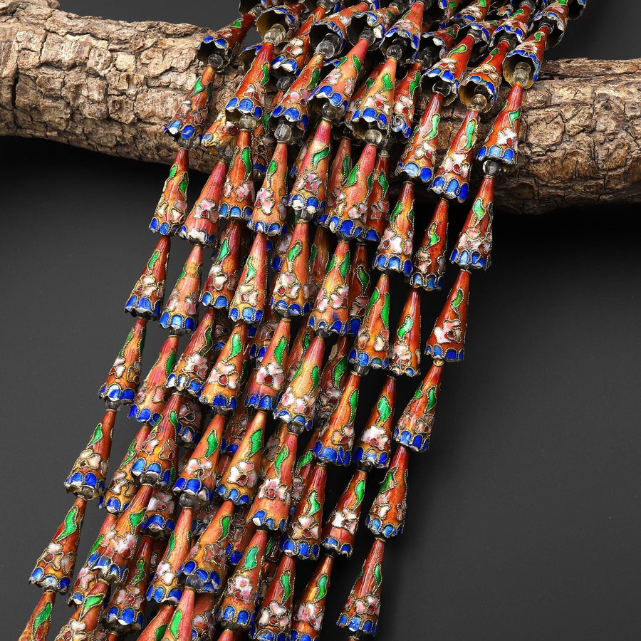 Golden Orange Blue Pink Green Cloisonné Cone Cap Bead 9x22mm Decorative Floral 15.5" Strand