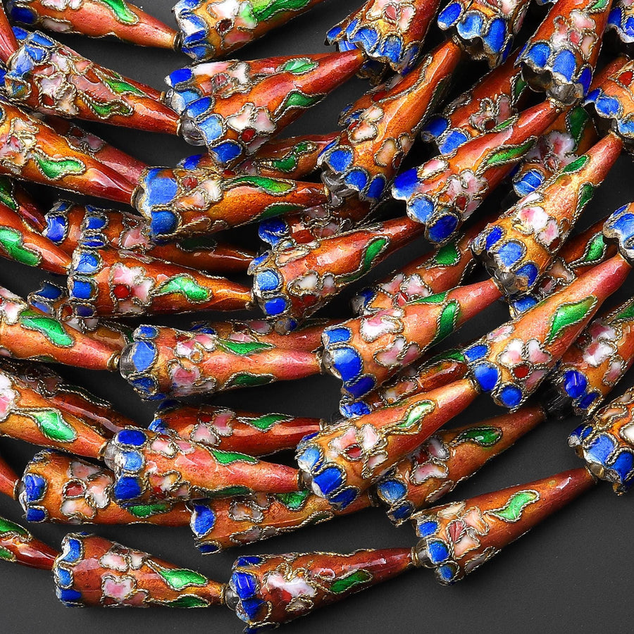 Golden Orange Blue Pink Green Cloisonné Cone Cap Bead 9x22mm Decorative Floral 15.5" Strand