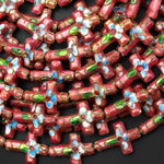 Coral Pink Green Cloisonné Cross Bead 13x18mm Decorative Floral 15.5" Strand