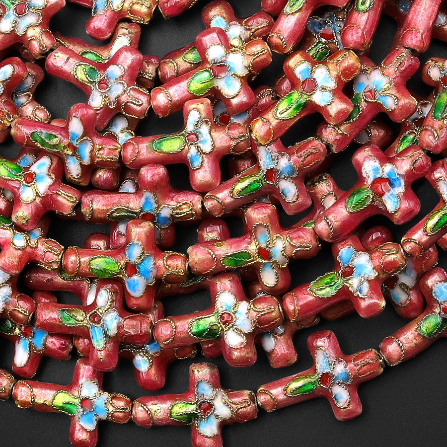 Coral Pink Green Cloisonné Cross Bead 13x18mm Decorative Floral 15.5" Strand
