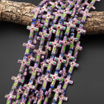 Lavender Purple Pink Green Blue Cloisonné Cross Bead 20x26mm Decorative Floral 15.5" Strand