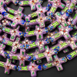 Lavender Purple Pink Green Blue Cloisonné Cross Bead 20x26mm Decorative Floral 15.5" Strand