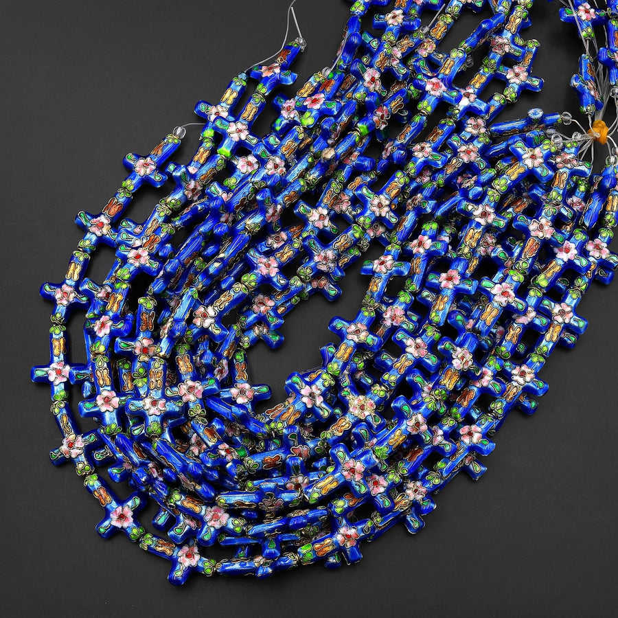 Pink Green Blue Golden Orange Cloisonné Cross Bead 20x26mm Decorative Floral 15.5" Strand