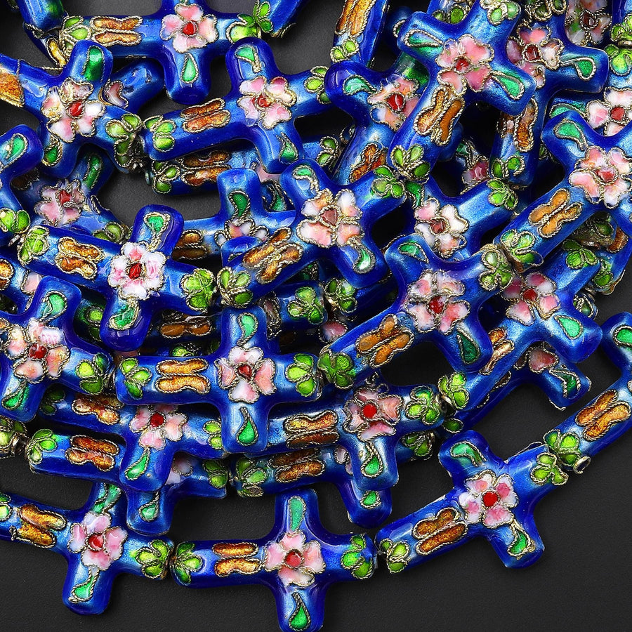 Pink Green Blue Golden Orange Cloisonné Cross Bead 20x26mm Decorative Floral 15.5" Strand