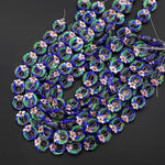 Hand Made Royal Blue Pink Green Cloisonné Donut Beads 20mm Decorative Floral Enamel Antique Vintage Look 15.5" Strand
