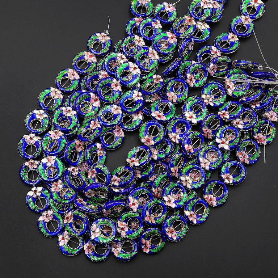 Hand Made Royal Blue Pink Green Cloisonné Donut Beads 20mm Decorative Floral Enamel Antique Vintage Look 15.5" Strand