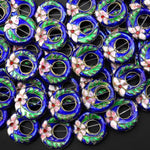 Hand Made Royal Blue Pink Green Cloisonné Donut Beads 20mm Decorative Floral Enamel Antique Vintage Look 15.5" Strand