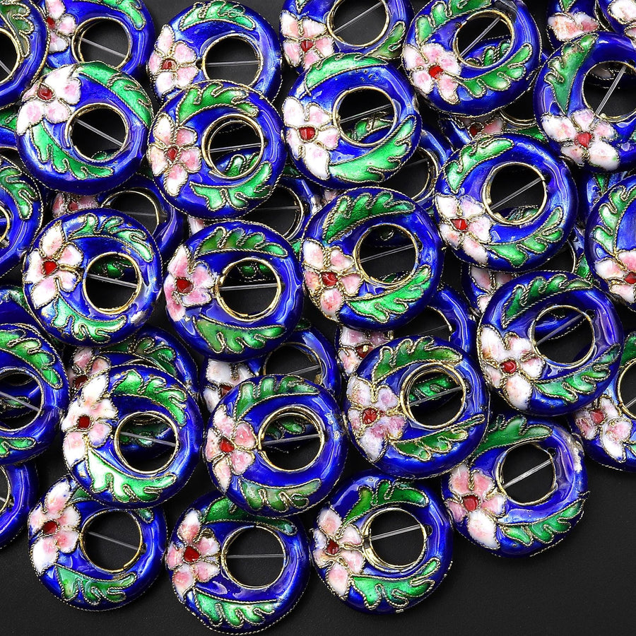 Hand Made Royal Blue Pink Green Cloisonné Donut Beads 20mm Decorative Floral Enamel Antique Vintage Look 15.5" Strand