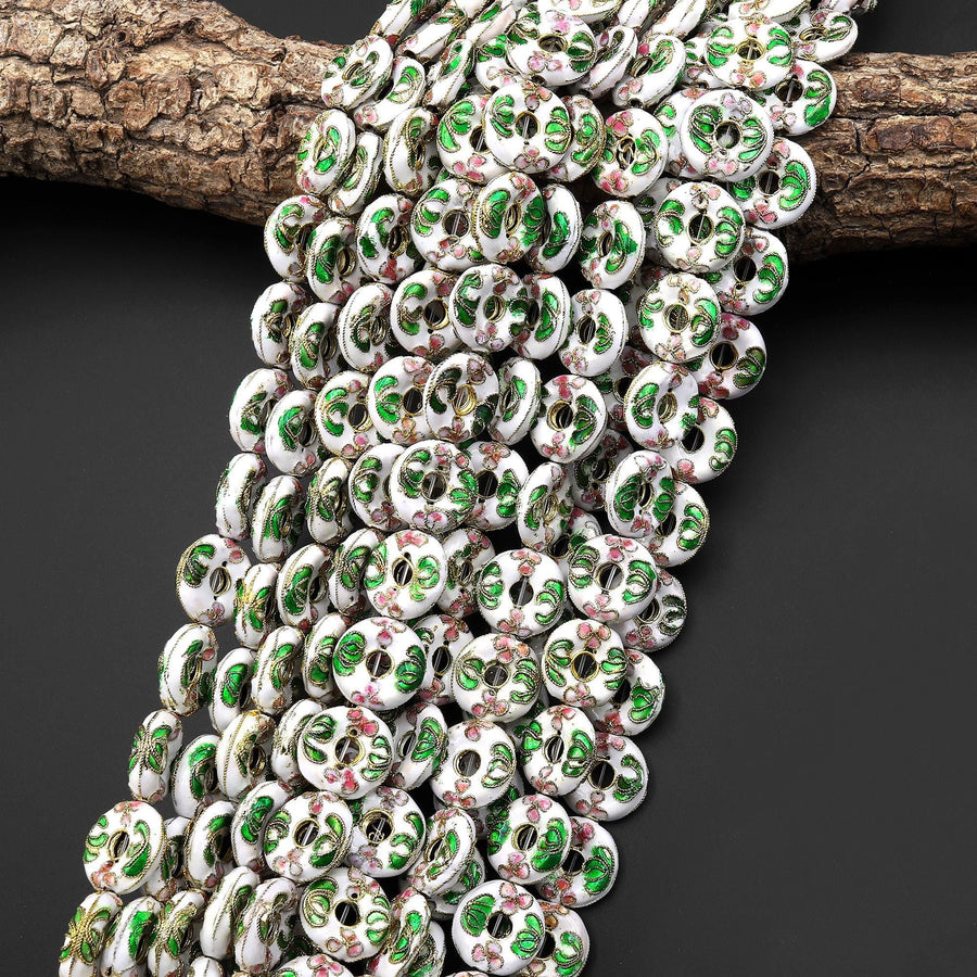 Hand Made White Pink Green Cloisonné Donut Beads 15mm Decorative Floral Enamel Antique Vintage Look 15.5" Strand
