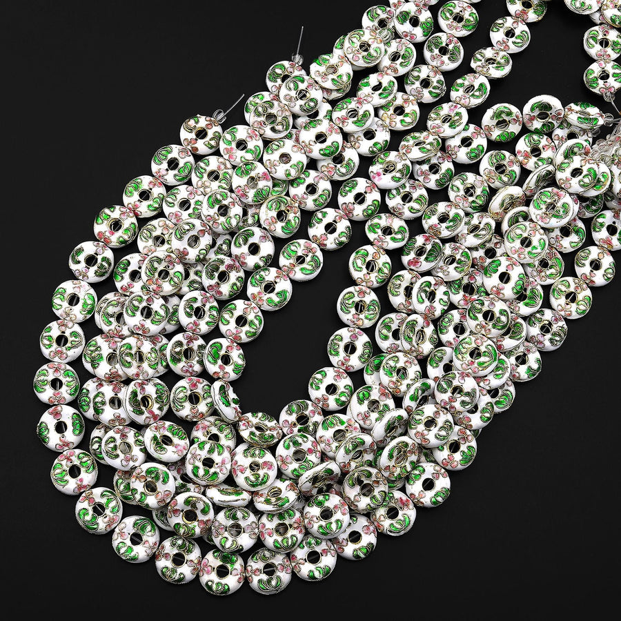 Hand Made White Pink Green Cloisonné Donut Beads 15mm Decorative Floral Enamel Antique Vintage Look 15.5" Strand