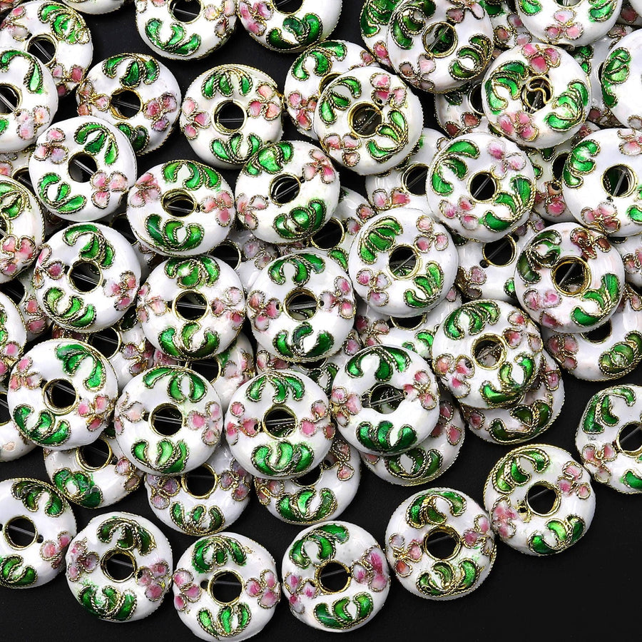 Hand Made White Pink Green Cloisonné Donut Beads 15mm Decorative Floral Enamel Antique Vintage Look 15.5" Strand