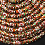 Cloisonné Cylinder Tube Beads Decorative Golden Orange Pink Green Floral Enamel 15.5" Strand