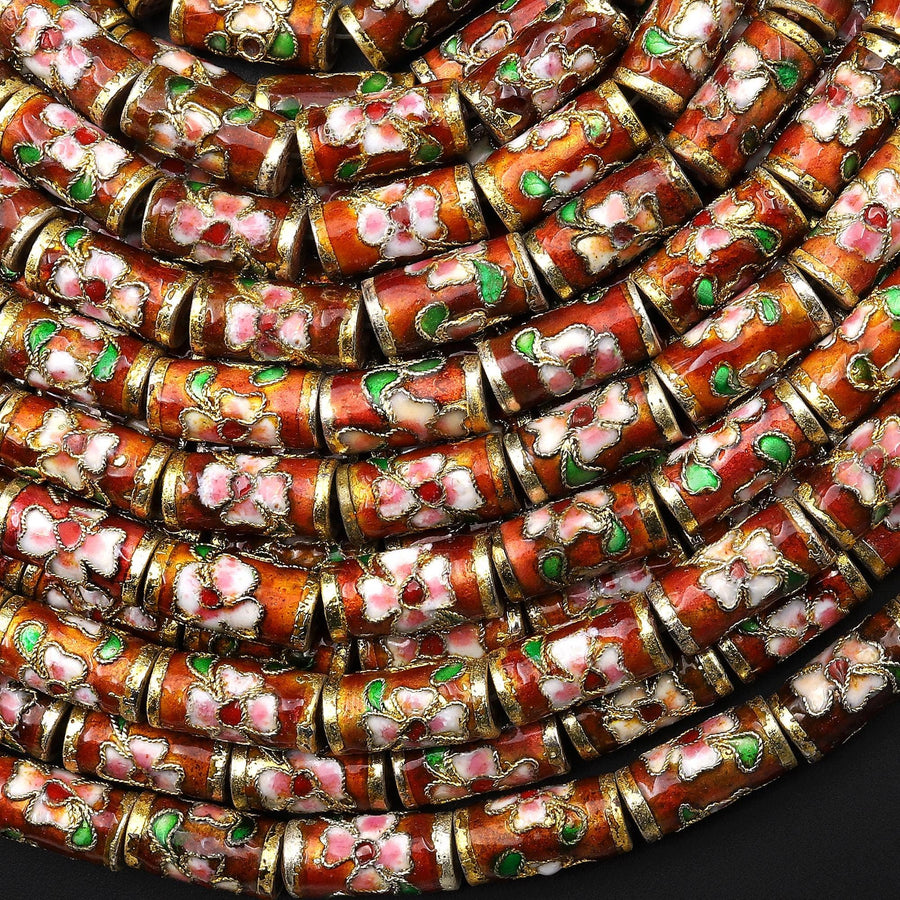 Cloisonné Cylinder Tube Beads Decorative Golden Orange Pink Green Floral Enamel 15.5" Strand