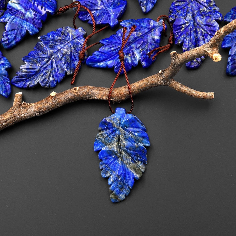 Hand Carved Natural Blue Lapis Leaf Pendant Focal Gemstone Bead