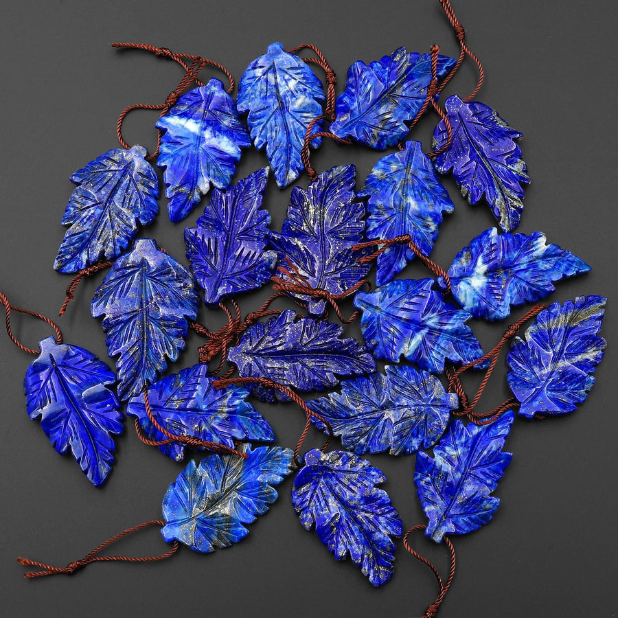 Hand Carved Natural Blue Lapis Leaf Pendant Focal Gemstone Bead